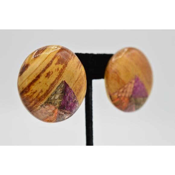 Vintage Round Earrings Handcrafted Lacquered Wood Reptile Snake Print NOS 80s 9D - Picture 4 of 9